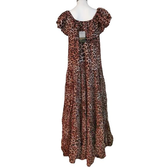 ERIKA PENA Rita Bohemian Maxi leopard tiered ruffle off shoulder dress Sz XS NEW - Picture 3 of 9